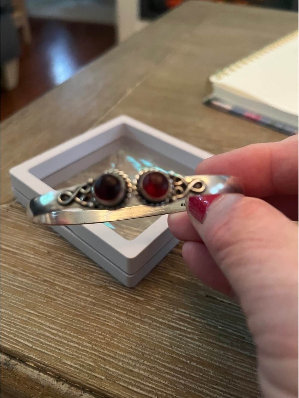 Sterling Silver 925 Bangle Bracelet with Red Gemstone Accents